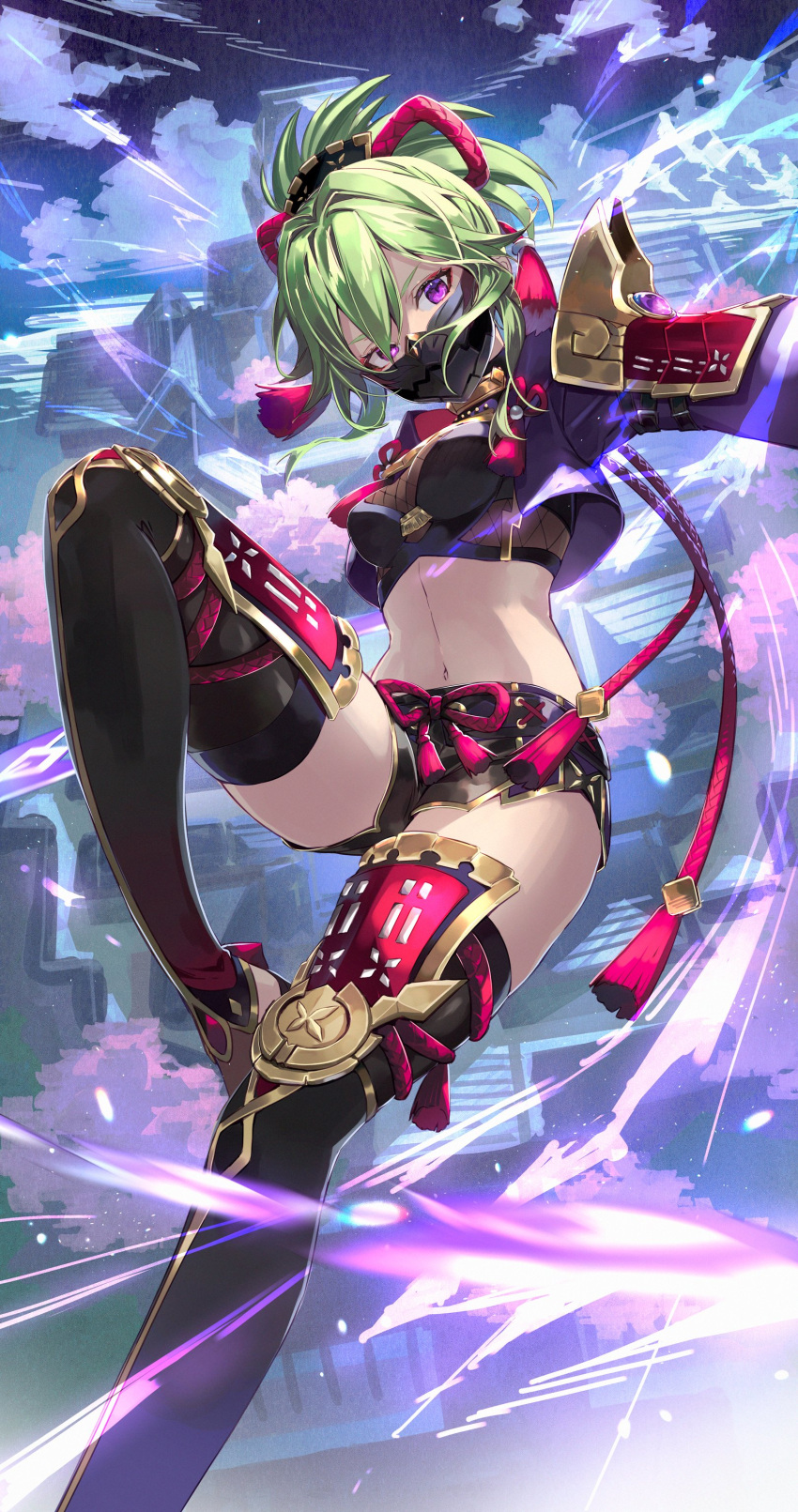 1girl absurdres black_mask black_shorts clouds crop_top cropped_jacket genshin_impact green_hair highres jacket kuki_shinobu mask mito_itsuki mouth_mask navel ninja ninja_mask ponytail purple_jacket red_rope rope short_shorts shorts sky thigh-highs violet_eyes