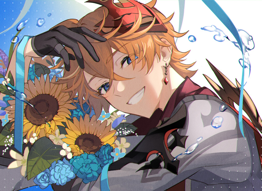 1boy bangs blue_eyes blue_flower bouquet crossed_bangs earrings flower genshin_impact gloves grin hair_between_eyes highres holding holding_bouquet jewelry looking_at_viewer male_focus mask mask_on_head miz_003 orange_hair red_mask simple_background single_earring smile solo sunflower tartaglia_(genshin_impact) upper_body water_drop white_flower yellow_flower