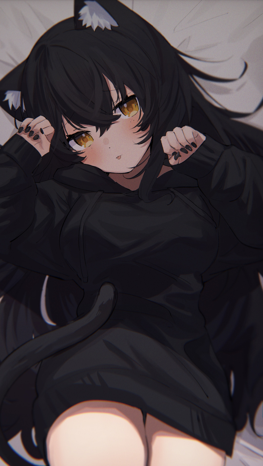 1girl 852_box :p absurdres animal_ear_fluff animal_ears arm_up bangs black_hair black_hoodie black_nails blush breasts brown_eyes cat_ears cat_girl cat_tail closed_mouth commentary drawstring hair_between_eyes hand_up head_tilt highres hood hood_down hoodie long_hair long_sleeves medium_breasts nail_polish original paw_pose puffy_long_sleeves puffy_sleeves sleeves_past_wrists smile solo symbol-only_commentary tail tongue tongue_out very_long_hair