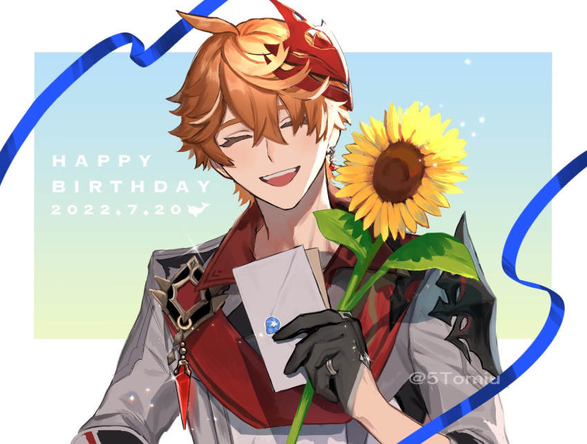 1boy 2022 5tomiu bangs birthday black_gloves closed_eyes dated earrings envelope flower genshin_impact gloves hair_between_eyes happy_birthday holding jacket jewelry male_focus mask mask_on_head open_mouth orange_hair red_mask simple_background single_earring solo sunflower tartaglia_(genshin_impact) twitter_username upper_body