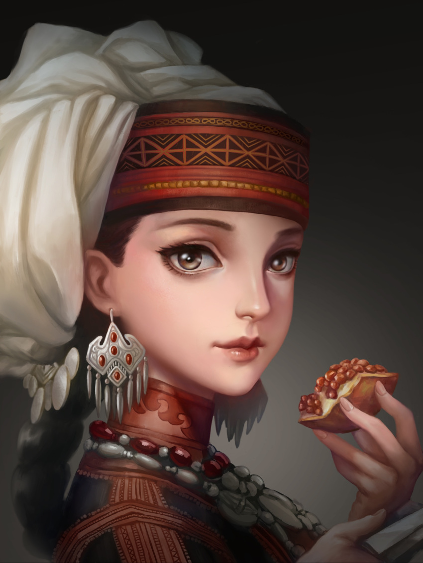 1girl absurdres amira bead_necklace beads black_hair braid brown_eyes chinese_commentary coin_(ornament) commentary earrings eyelashes fingernails food from_side fruit grey_background hands_up head_scarf headdress highres holding holding_food holding_fruit holding_knife jewelry knife lips long_hair looking_at_viewer looking_to_the_side necklace otoyomegatari pomegranate portrait single_braid solo zhongfentoudashu