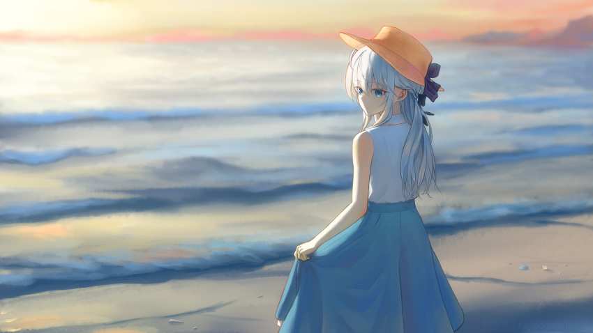 1girl absurdres bangs blue_eyes blue_skirt blurry blurry_background closed_mouth commentary elaina_(majo_no_tabitabi) english_commentary evening from_behind grey_hair hair_between_eyes hat highres long_hair looking_to_the_side majo_no_tabitabi ocean outdoors scenery shirt skirt sleeveless sleeveless_shirt solo summer sun_hat ti_hai_diao_yu water waves white_shirt