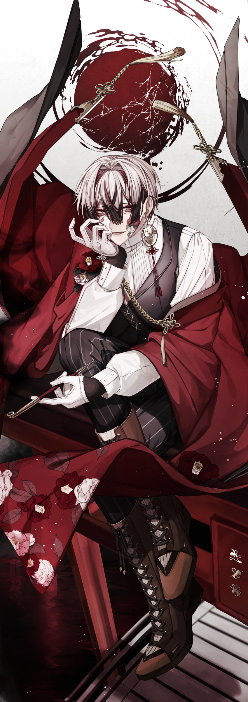 1boy absurdres black_hair earrings full_body grey_background grey_hair head_rest highres jewelry long_sleeves looking_at_viewer male_focus multicolored_hair open_mouth original red_eyes smile solo tattoo tattoo_on_cheek wu_(user_sevs2252)