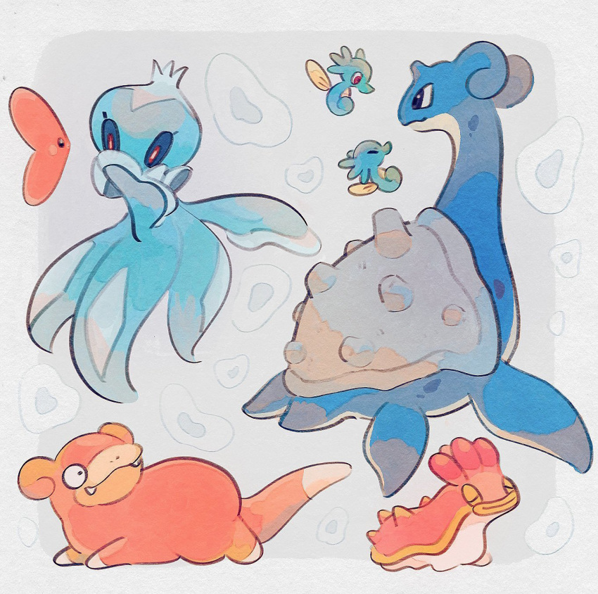 animal_focus black_eyes closed_eyes closed_mouth commentary_request fangs fangs_out frillish frillish_(male) highres horsea lapras luvdisc no_humans pokemon pokemon_(creature) red_eyes shellos slowpoke smile unitako_(unitacowow)