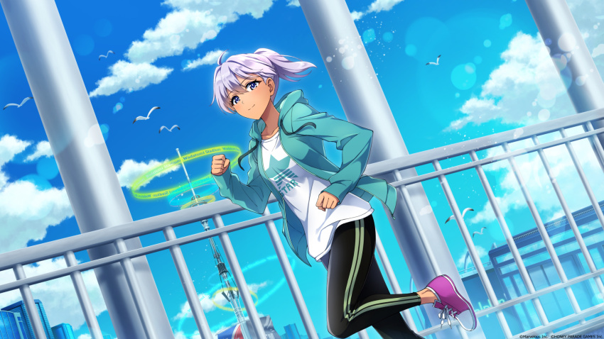 1girl bird black_pants blue_cardigan blue_eyes cardigan copyright dark-skinned_female dark_skin dolphin_wave dutch_angle feet_out_of_frame game_cg grey_hair highres leg_up official_art open_cardigan open_clothes pants ponytail purple_footwear running seagull shirt shoes smile sneakers solo souma_hayate white_shirt
