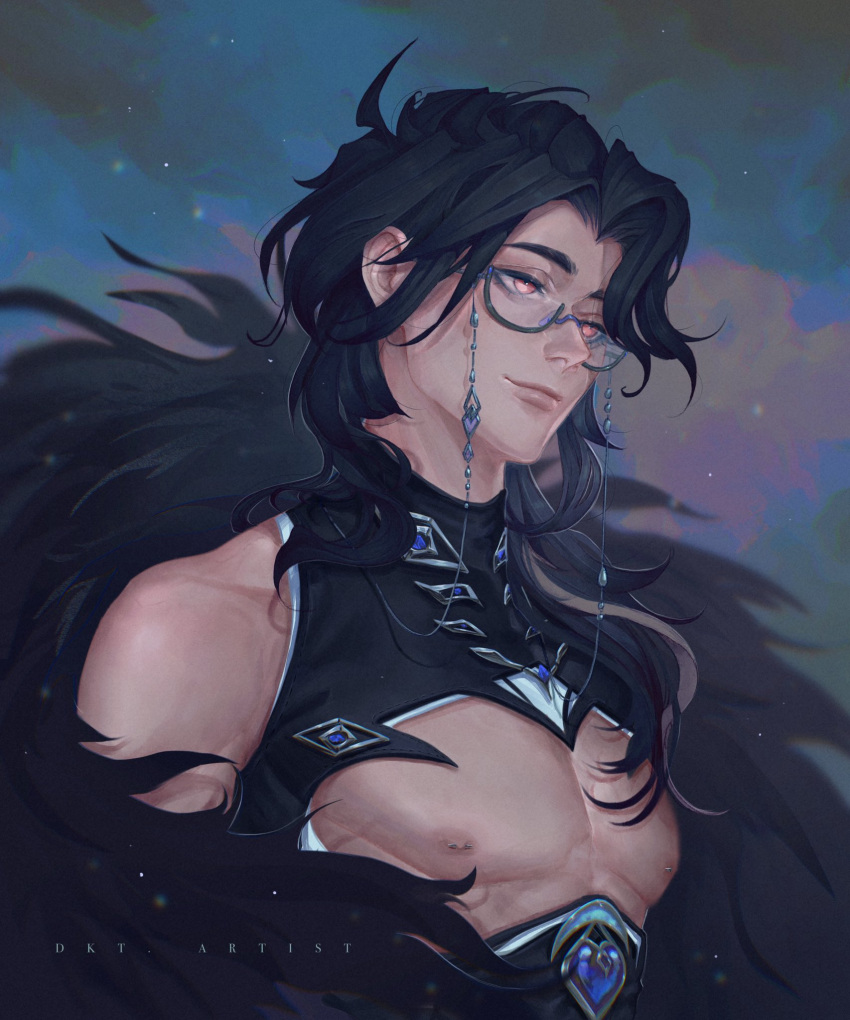 1boy artist_name artistdkt bare_pectorals black_hair blurry blurry_background clouds cloudy_sky coat compression_shirt eyewear_strap genshin_impact glasses highres long_hair looking_to_the_side male_focus manly mature_male muscular muscular_male night night_sky nipple_piercing nipples orange_eyes outdoors pantalone_(genshin_impact) pectorals piercing signature sky smile solo star_(sky) starry_sky