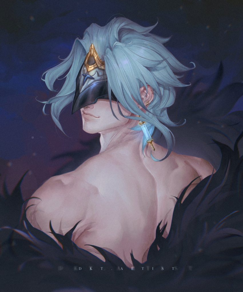 1boy artist_name artistdkt blurry blurry_background coat covered_eyes dottore_(genshin_impact) ear_piercing earrings genshin_impact grey_hair highres jewelry long_hair looking_at_viewer looking_back male_focus mask mature_male muscular muscular_male no_shirt piercing signature solo stud_earrings
