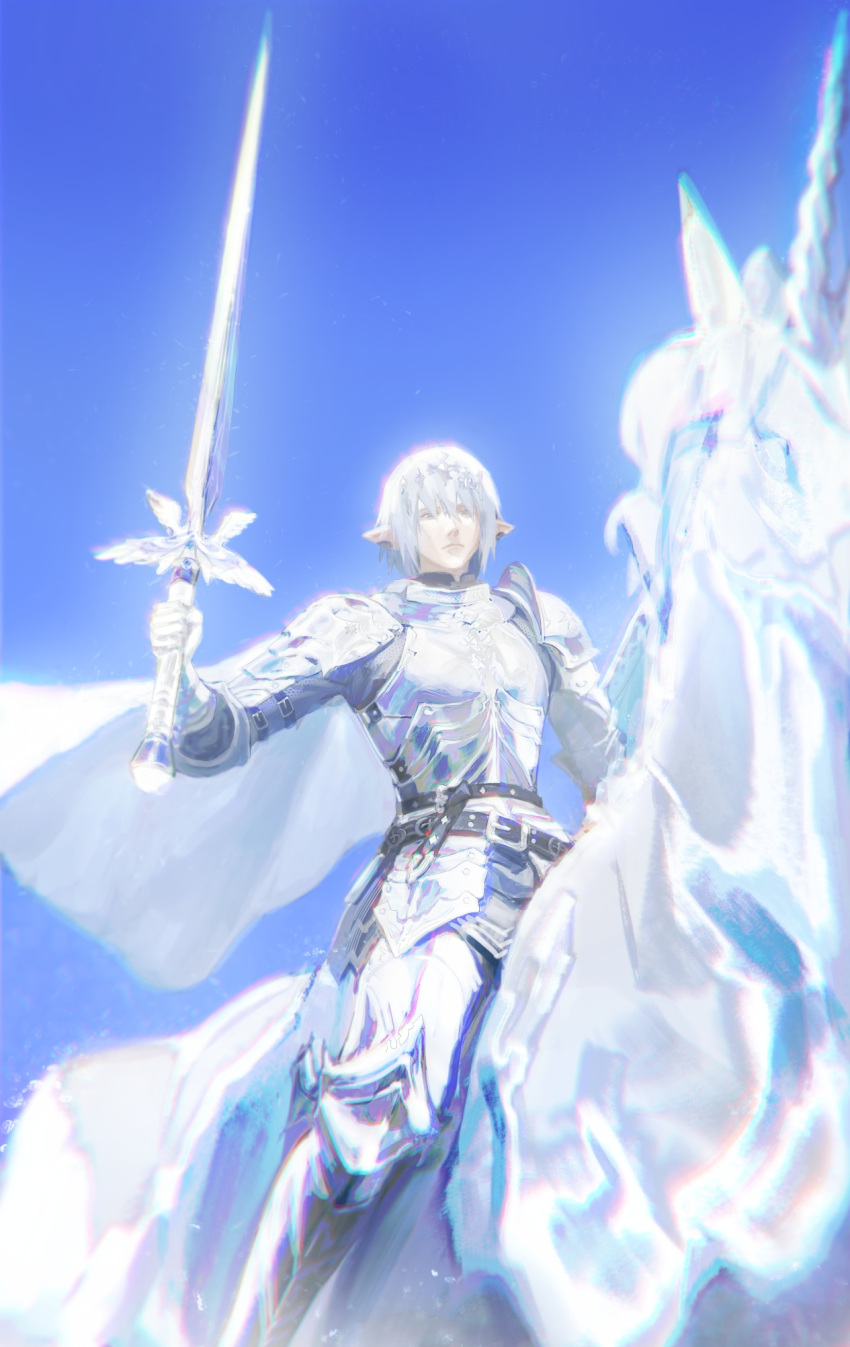 1boy armor bangs belt belt_buckle blue_background blue_eyes blue_theme breastplate buckle circlet earclip elezen elf faulds feet_out_of_frame final_fantasy final_fantasy_xiv gauntlets greaves grey_hair hand_up haurchefant_greystone highres holding holding_sword holding_weapon horseback_riding looking_at_viewer looking_down male_focus paladin_(final_fantasy) pauldrons pointy_ears riding sekiikei serious short_hair shoulder_armor simple_background sitting solo sword unicorn weapon