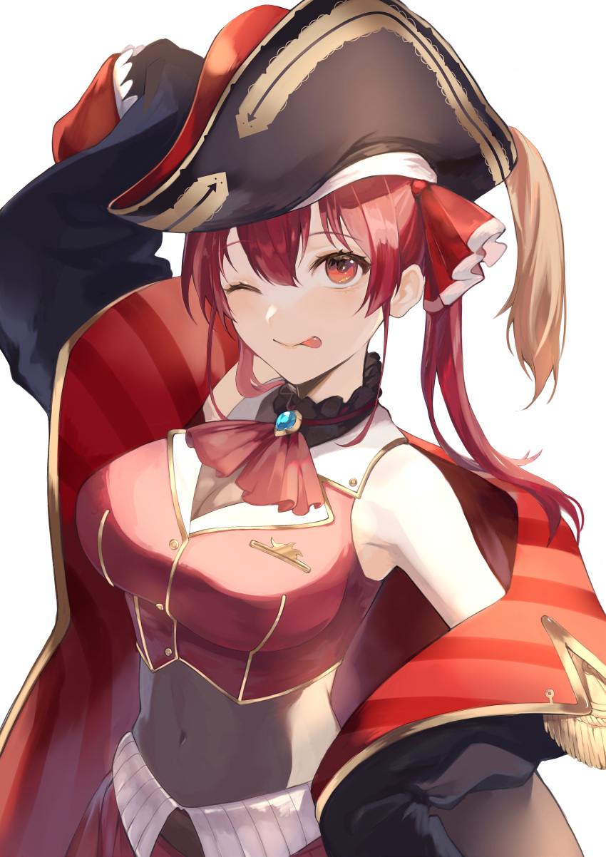 1girl absurdres ascot blush breasts coat covered_navel crop_top hair_ribbon hat heterochromia highres hololive houshou_marine long_hair looking_at_viewer medium_breasts one_eye_closed open_mouth outdoors pirate_hat pleated_skirt red_eyes red_ribbon red_shirt red_skirt redhead ribbon shirt skirt sleeveless sleeveless_shirt solo tongue tongue_out twintails virtual_youtuber yellow_eyes yushiro