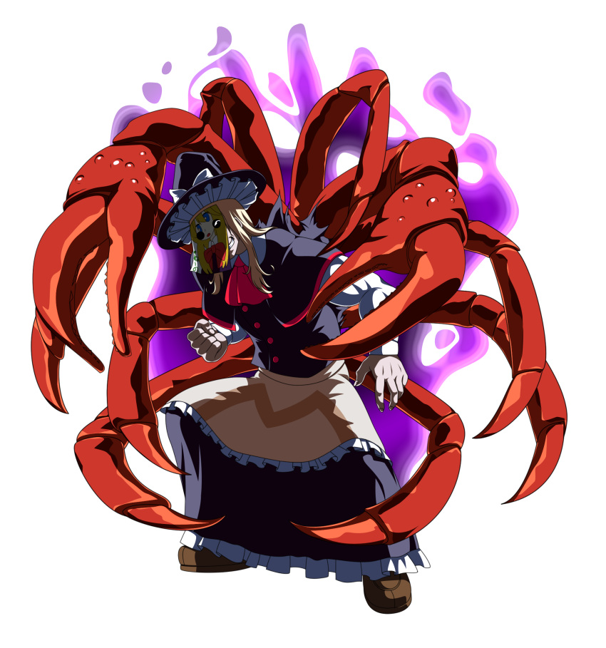 1boy apron aura bangs black_capelet black_headwear black_skirt black_vest blonde_hair boots bow brown_footwear buttons capelet claws commentary_request cookie_(touhou) crab_claw dark_aura frilled_skirt frills full_body grin hat hat_bow hazuna_rio highres ketsushi kirisame_marisa long_hair long_sleeves looking_at_viewer male_focus marisa_to_alice_no_cookie_storia shirt simple_background skirt skirt_set smile solo touhou transparent_background vest waist_apron white_bow white_shirt witch_hat
