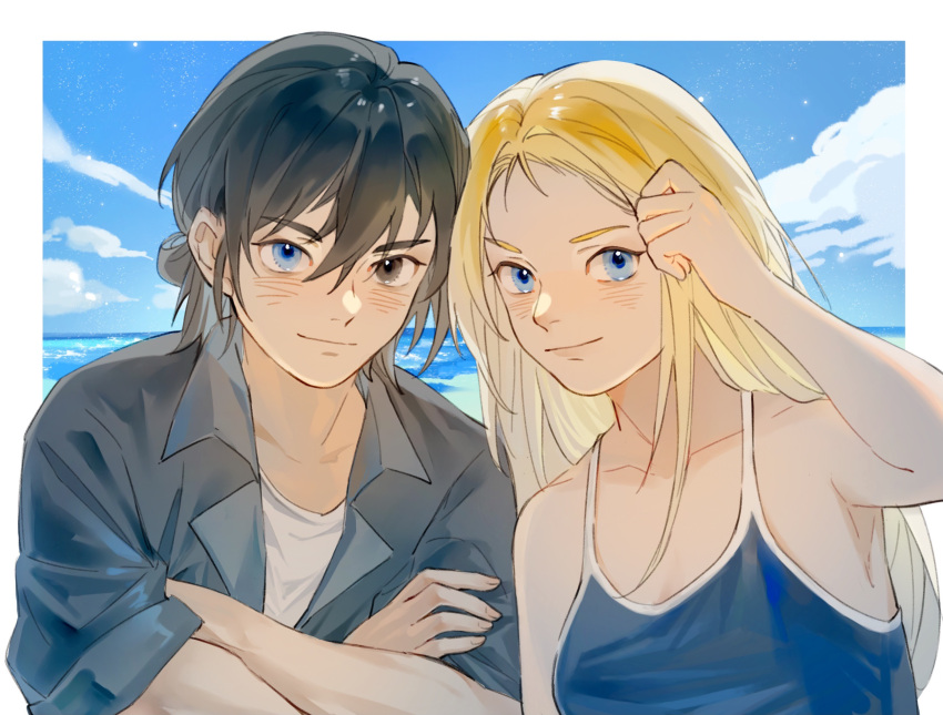 1boy 1girl ajiro_shinpei arm_up bad_anatomy bad_arm bare_arms bare_shoulders beach black_hair black_shirt blonde_hair blue_eyes blue_swimsuit border breasts closed_mouth clouds collared_shirt crossed_arms day hair_between_eyes hair_tucking heterochromia highres kofune_ushio long_hair looking_at_viewer one-piece_swimsuit outdoors outside_border shirt short_hair smile summertime_render surfdolphin swimsuit water white_border white_shirt