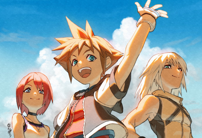 1girl 2boys bare_shoulders blue_eyes blue_sky breasts brown_hair camisole choker clouds fingerless_gloves gloves hair_between_eyes hand_up highres hood hooded_jacket jacket jewelry kairi_(kingdom_hearts) kingdom_hearts medium_hair multiple_boys muscular muscular_male nanpou_(nanpou0021) necklace open_mouth outdoors outstretched_arm red_shirt redhead riku_(kingdom_hearts) shirt short_hair short_sleeves sky small_breasts smile sora_(kingdom_hearts) spiky_hair tank_top teeth upper_body upper_teeth waving white_hair white_shirt