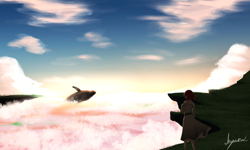 1girl absurdres artist_name cliff clouds cloudy_sky dark dress fantasy flying flying_animal flying_whale h_yuusui highres long_dress nature original outdoors scenery short_hair signature sky solo whale