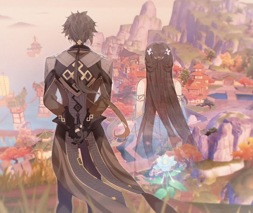 1boy 1girl armlet arms_behind_back bare_shoulders black_gloves black_pants blue_dress brown_coat brown_hair chinese_clothes city coat coattails day detached_sleeves dress earrings facing_away floating_hair genshin_impact ghost glaze_lily gloves grass guizhong_(genshin_impact) hair_ornament harbor highres jewelry long_hair long_sleeves low_ponytail mountain outdoors pants ponytail scenery sgrimp ship single_earring sleeveless sleeveless_dress spirit standing tassel tassel_earrings tree very_long_hair watercraft zhongli_(genshin_impact)