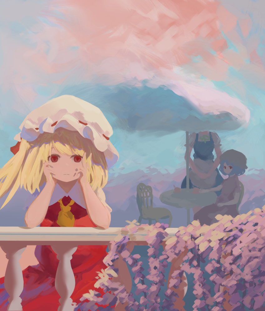 3girls absurdres apron blonde_hair blue_vest chair closed_mouth commentary_request flandre_scarlet flower frown green_ribbon hands_on_own_cheeks hands_on_own_face hat hat_ribbon highres izayoi_sakuya long_hair mob_cap multiple_girls neck_ribbon on_chair outdoors parasol puffy_short_sleeves puffy_sleeves purple_flower red_eyes red_ribbon red_skirt red_vest remilia_scarlet ribbon ribbon-trimmed_headwear ribbon_trim riralin shirt short_sleeves sitting skirt table touhou umbrella vest waist_apron white_apron white_headwear white_shirt