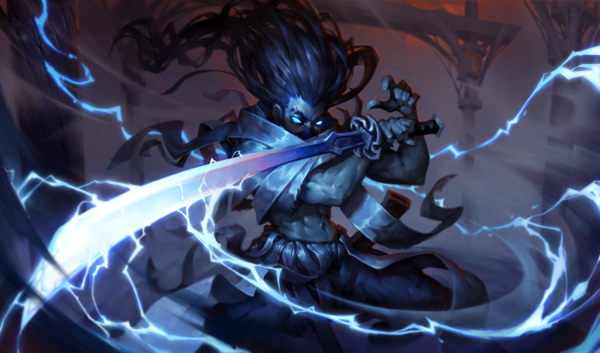 1boy absurdres alternate_costume blue_eyes blue_hair blue_skin blue_theme colored_skin dark_blue_hair electricity fighting_stance glowing glowing_eyes glowing_sword glowing_weapon highres holding holding_sword holding_weapon katana league_of_legends long_hair male_focus mask mouth_mask navel no_pupils outdoors reverse_grip scabbard scar scar_across_eye sheath solo sword torn torn_clothes unsheathed uriah_voth weapon wind yasuo_(league_of_legends)