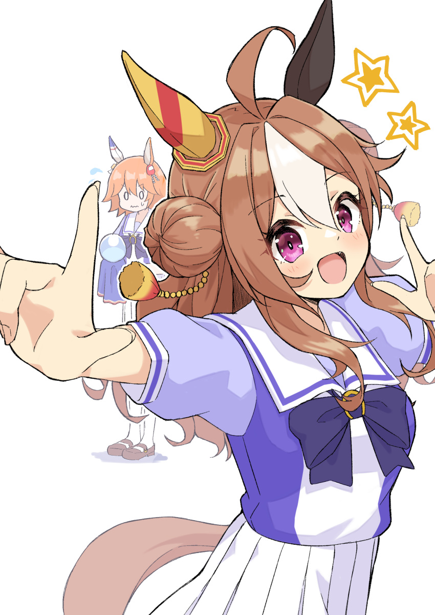 2girls absurdres animal_ears breasts brown_hair commentary_request copano_rickey_(umamusume) crystal_ball fang hair_ornament highres horse_ears kanikanitengoku looking_at_viewer matikanefukukitaru_(umamusume) medium_breasts multiple_girls open_mouth orange_hair outstretched_arms school_uniform simple_background spread_arms tracen_school_uniform umamusume white_background