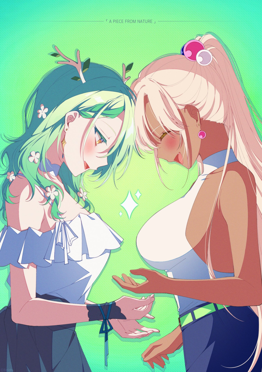 2girls bangs bare_arms bare_shoulders binishu blonde_hair blush braid branch breasts ceres_fauna choker closed_eyes earrings flower forehead-to-forehead frills green_background green_hair hair_flower hair_ornament heads_together highres hololive hololive_english horns jewelry large_breasts leaf looking_down medium_breasts multiple_girls open_mouth ponytail smile standing straight_hair tsukumo_sana wavy_hair yellow_eyes