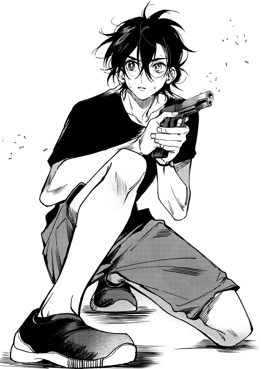 1boy absurdres ajiro_shinpei bangs chinese_commentary commentary_request crossed_bangs full_body greyscale gun hair_between_eyes halftone handgun heterochromia highres holding holding_gun holding_weapon male_focus monochrome one_knee parted_lips shirt shoes short_hair short_sleeves shorts simple_background solo summertime_render weapon white_background ziyizhengjun