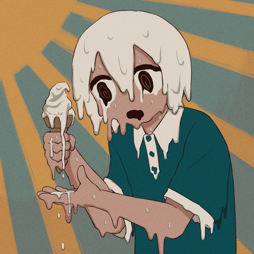 1boy @_@ absurdres avogado6 collared_shirt commentary dark-skinned_male dark_skin food green_shirt highres holding_ice_cream ice_cream ice_cream_cone liquid melting original shirt solo sunburst sunburst_background symbolism white_hair