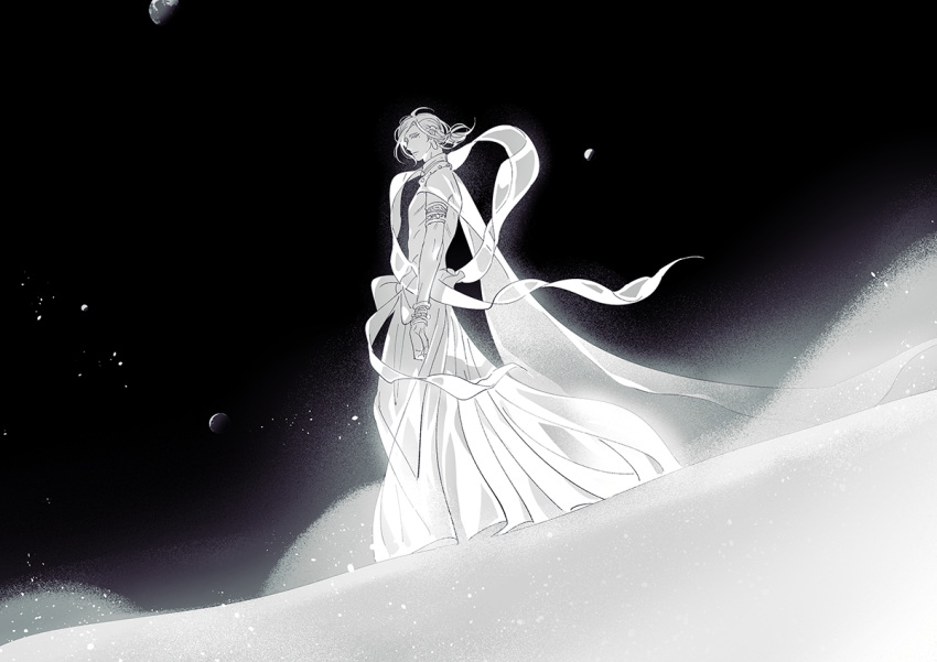 1boy aechmea_(houseki_no_kuni) armlet arms_at_sides bracelet cape dutch_angle earth_(planet) floating_clothes floating_hair flower glowing greyscale hagoromo houseki_no_kuni jewelry long_earlobes looking_at_viewer male_focus mole mole_under_eye monochrome necklace on_moon planet profile robe saiko67 sand see-through shawl sideways_glance solo standing star_(sky)