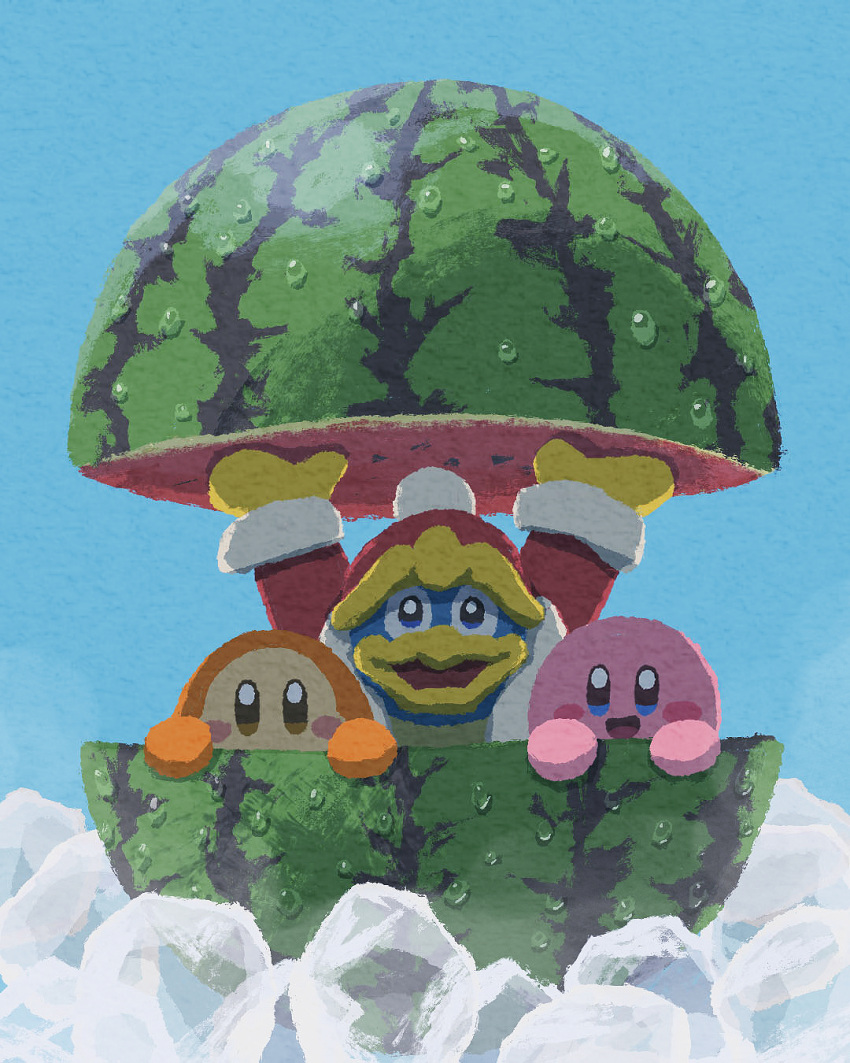 coat cube food fruit gloves hat highres ice ice_cube king_dedede kirby kirby_(series) lifting looking_at_viewer miclot open_mouth outdoors sky smile sparkling_eyes tongue waddle_dee water water_drop watermelon watermelon_slice