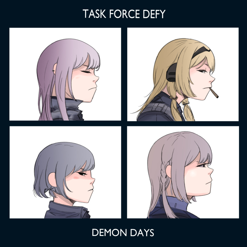 4girls ak-12_(girls'_frontline) ak-15_(girls'_frontline) album_cover an-94_(girls'_frontline) blonde_hair braid cigarette closed_eyes cover defy_(girls'_frontline) demon_days_(gorillaz) facing_to_the_side from_side girls_frontline gorillaz grey_hair headphones highres long_hair looking_at_viewer multiple_girls parabellum parody rpk-16_(girls'_frontline) short_hair smoking