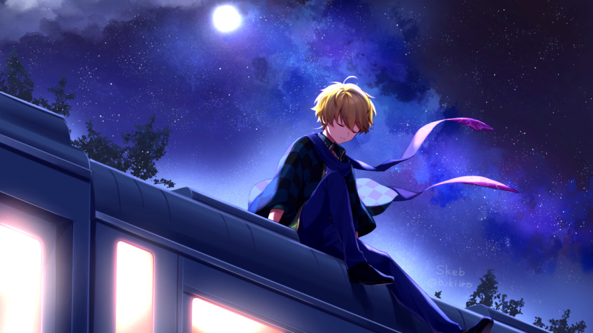 1boy black_footwear blonde_hair blue_pants checkered_clothes closed_eyes closed_mouth clouds commission copyright_request facing_viewer full_moon knee_up long_sleeves male_focus moon night night_sky outdoors pants shoes sitting skeb_commission sky smile solo star_(sky) starry_sky wide_sleeves yamabukiiro