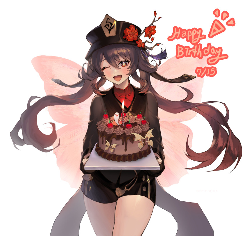 1girl absurdres bangs birthday_cake black_headwear black_jacket black_nails black_shorts blush brown_hair butterfly_wings cake candle cowboy_shot fang fire flame food genshin_impact happy_birthday hat highres holding holding_tray hu_tao_(genshin_impact) jacket lilithmy long_hair long_sleeves open_mouth red_eyes red_shirt shirt shorts simple_background smile solo star-shaped_pupils star_(symbol) symbol-shaped_pupils tray twintails white_background wings