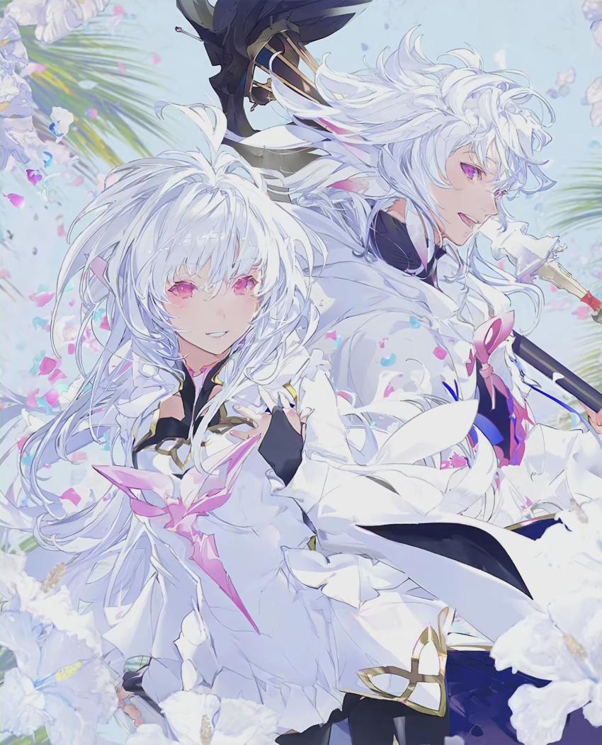 1boy 1girl dress fate/grand_order fate_(series) highres looking_at_viewer merlin_(fate) merlin_(fate/prototype) non-web_source official_art sky smile staff taiki_(luster) tree violet_eyes white_dress white_hair