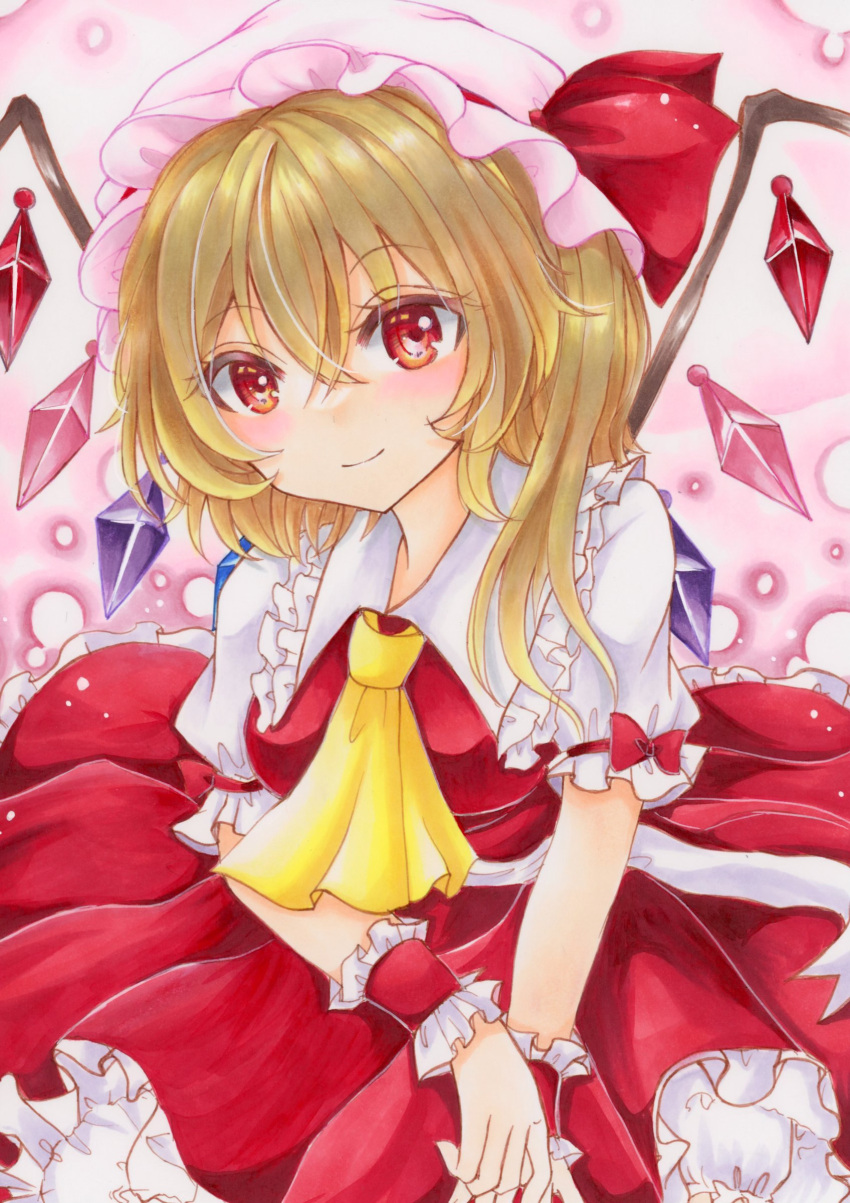 1girl absurdres ascot blonde_hair blush breasts closed_mouth collared_shirt commentary_request flandre_scarlet frilled_shirt_collar frilled_skirt frilled_sleeves frills hair_between_eyes hat hat_ribbon head_tilt highres looking_at_viewer marker_(medium) medium_hair mob_cap multicolored_wings pink_background pink_headwear red_eyes red_ribbon red_skirt red_vest ribbon shiny shiny_hair shirt short_sleeves simple_background skirt small_breasts smile solo touhou traditional_media vest white_shirt wings wrist_cuffs yapt3845 yellow_ascot