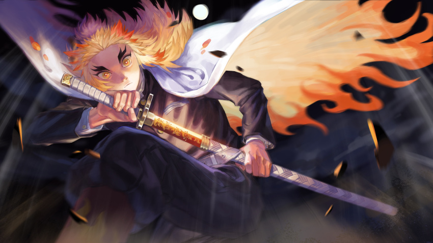 1boy absurdres belt black_pants blonde_hair cape colored_tips demon_slayer_uniform feet_out_of_frame flame_print floating_clothes floating_hair forked_eyebrows from_below from_side frown full_moon highres katana kimetsu_no_yaiba long_hair long_sleeves looking_at_viewer looking_down looking_to_the_side male_focus moon motion_blur multicolored_eyes multicolored_hair one_knee pants pants_tucked_in print_cape qu4ntums0d4 red_eyes redhead rengoku_kyoujurou ringed_eyes shards sheath shin_guards solo streaked_hair sword sword_writing unsheathing visible_air weapon white_cape wind wind_lift yellow_eyes