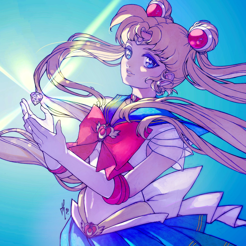 1girl back_bow bangs bishoujo_senshi_sailor_moon blonde_hair blue_background blue_eyes blue_sailor_collar blue_skirt bow bowtie choker crescent crescent_earrings crystal double_bun earrings elbow_gloves gloves hair_bun hair_ornament highres jewelry long_hair parted_bangs parted_lips red_bow sailor_collar sailor_moon see-through see-through_sleeves shirt sidelocks skirt solo tholia_bentz tiara tsukino_usagi twintails upper_body white_gloves white_shirt