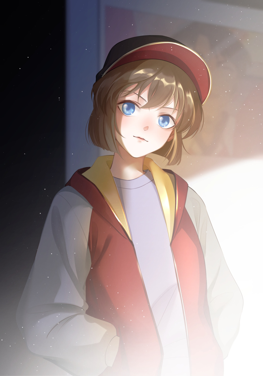 1girl absurdres bangs black_headwear blue_eyes bob_cut brown_hair closed_mouth haibara_ai hands_in_pockets hat head_tilt highres jacket light_particles long_sleeves looking_at_viewer meitantei_conan open_clothes open_jacket red_jacket short_hair smile solo upper_body yanzihuishi458