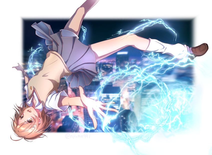 1girl blurry border brown_eyes brown_hair brown_vest depth_of_field electricity feet_out_of_frame flower grey_skirt hair_flower hair_ornament highres kneehighs miniskirt misaka_mikoto nyome991 outstretched_arms pleated_skirt school_uniform shiny shiny_hair shirt short_hair short_sleeves shorts shorts_under_skirt skirt socks solo toaru_majutsu_no_index tokiwadai_school_uniform vest white_border white_flower white_shirt white_shorts