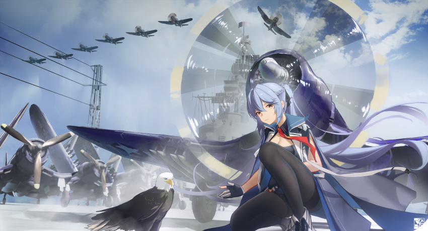 1girl aircraft aircraft_carrier animal azur_lane bald_eagle bird black_pantyhose blue_cloak blue_dress blue_hair braid brown_eyes cloak collared_cloak dress eagle essex_(azur_lane) f4u_corsair fingerless_gloves french_braid gloves highres kneeling long_hair military military_vehicle necktie pantyhose red_necktie rein_yukimatsu scenery ship warship watercraft