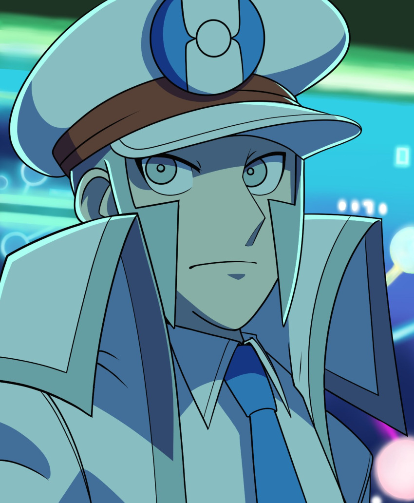 1boy blue_necktie coat collared_shirt commentary dress_shirt emmet_(pokemon) grey_eyes grey_hair hat high_collar highres long_sideburns looking_to_the_side male_focus necktie peaked_cap pokemon pokemon_(game) pokemon_bw rei_(esprei96) shirt short_hair sideburns solo trench_coat upper_body white_coat white_headwear white_shirt