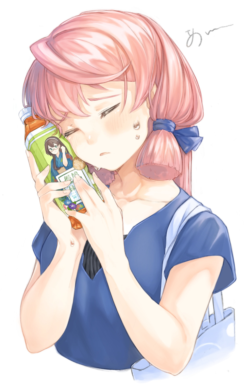 1girl absurdres akashi_(kancolle) bag bangs blue_ribbon blue_shirt blush bottle closed_eyes commentary_request cropped_torso green_tea hair_ribbon highres holding holding_bottle kantai_collection official_alternate_costume ooyodo_(kancolle) parted_lips pink_hair ribbon rom_(rommmoon) shirt shoulder_bag simple_background solo sweat tea white_background