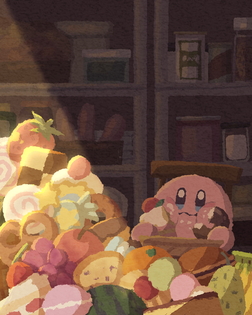 banana cake cake_slice candy cream cream_on_face desert doughnut eating flask food food_focus food_on_face fruit grapes highres kirby kirby_(series) light light_rays lollipop looking_to_the_side miclot orange_(fruit) shelf solo spotlight strawberry