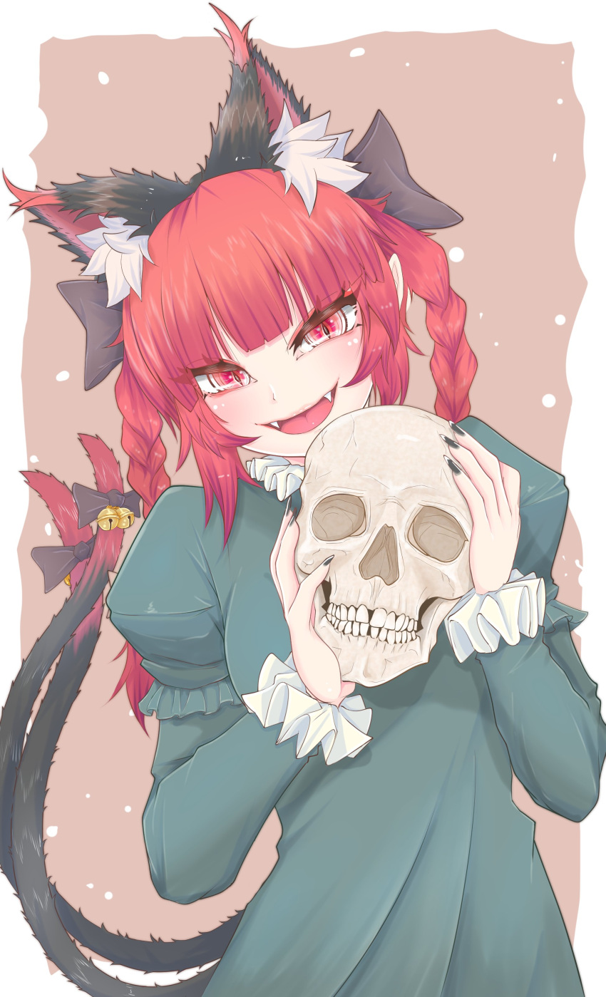 1girl absurdres animal_ear_fluff animal_ears bangs bell cat_ears cat_tail cowboy_shot cube85 dress extra_ears fangs green_dress highres holding holding_skull juliet_sleeves kaenbyou_rin long_sleeves looking_at_viewer multiple_tails nekomata open_mouth pointy_ears puffy_sleeves red_eyes redhead skull slit_pupils smile solo standing tail tail_bell tail_ornament touhou two_tails
