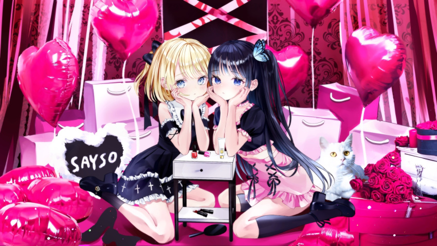2girls aoi_nabi balloon bangs black_dress black_footwear black_hair blonde_hair blue_eyes butterfly_hair_ornament cat clothing_request commentary dress english_commentary english_text fictional_persona frilled_dress frills hair_between_eyes hair_ornament hands_on_own_face heart heart_balloon highres hololive indie_virtual_youtuber looking_at_viewer multiple_girls nabi_(uz02) official_art photo_background pink_dress pink_trim shiny shiny_hair sitting virtual_youtuber wariza watson_amelia white_trim