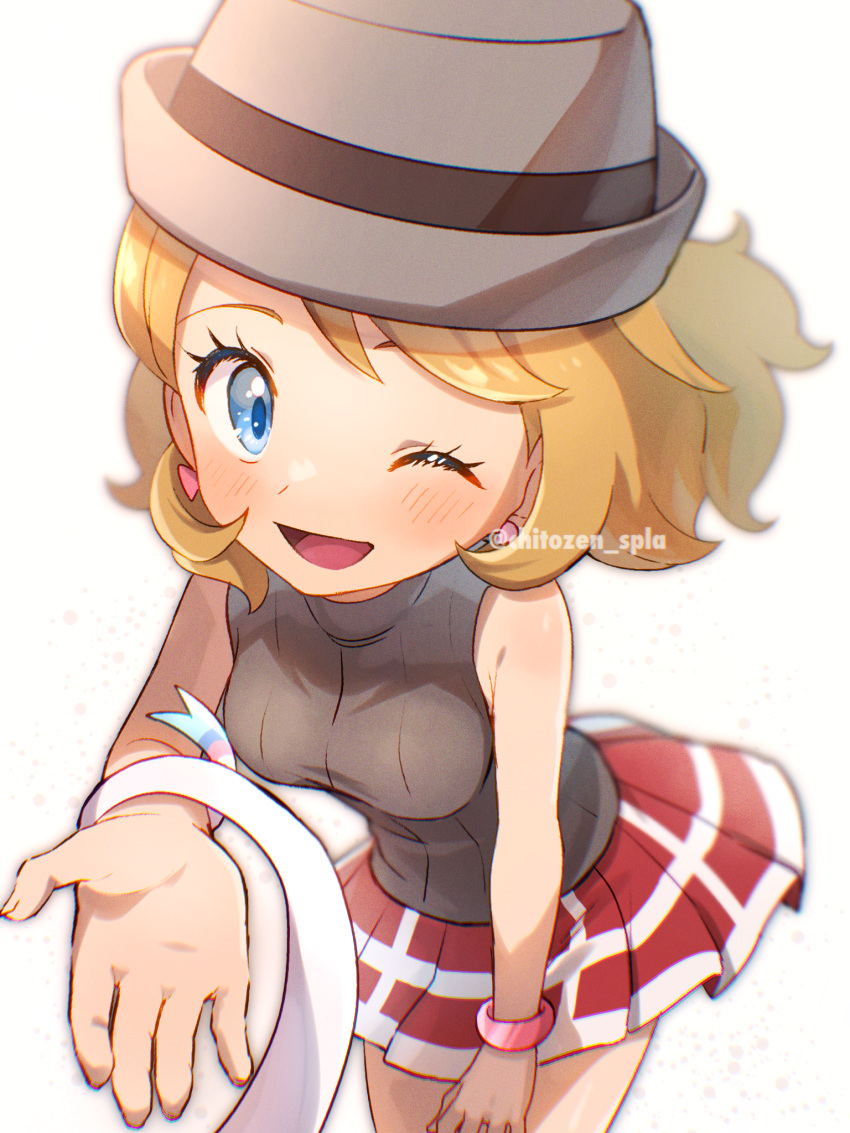 1girl ;d bangs bare_shoulders blonde_hair blue_eyes blurry blush bracelet breasts chitozen_(pri_zen) commentary_request eyelashes from_above grey_headwear happy hat highres jewelry leaning_forward one_eye_closed open_mouth pleated_skirt pokemon pokemon_(anime) pokemon_(creature) pokemon_journeys reaching_out red_skirt serena_(pokemon) simple_background skirt sleeveless sleeveless_turtleneck smile sweater_vest sylveon tongue turtleneck twitter_username watermark