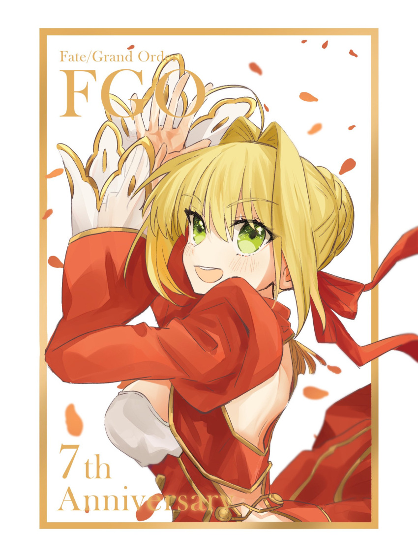 1girl ahoge anniversary back_cutout bangs blonde_hair border clothing_cutout commentary dress english_commentary fate/extra fate/grand_order fate_(series) green_eyes hair_bun hair_intakes highres long_sleeves nero_claudius_(fate) open_mouth orange_border puffy_long_sleeves puffy_sleeves red_dress simple_background solo wide_sleeves yellow_background zhang5180