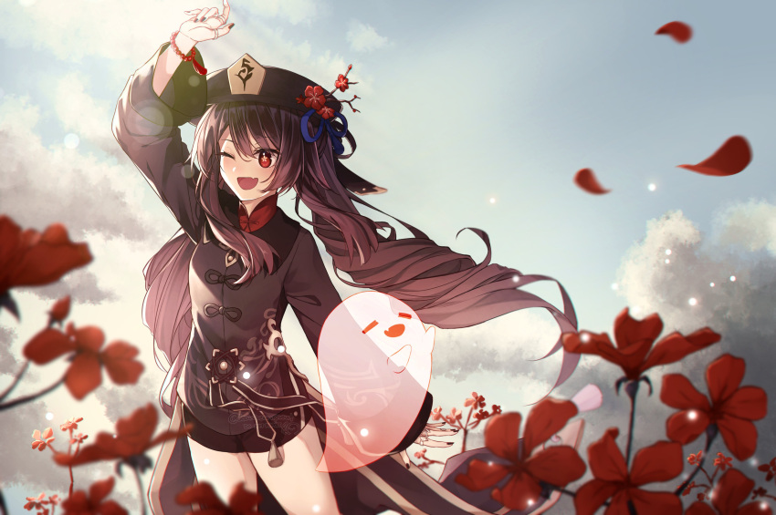 1girl absurdres black_nails black_shorts brown_hair chinese_clothes coat coattails fang flower flower-shaped_pupils genshin_impact ghost hat hat_ornament highres hu_tao_(genshin_impact) jeanbeansprout jewelry long_hair long_sleeves open_mouth plum_blossoms porkpie_hat red_eyes red_shirt ring shirt shorts skin_fang symbol-shaped_pupils thighs