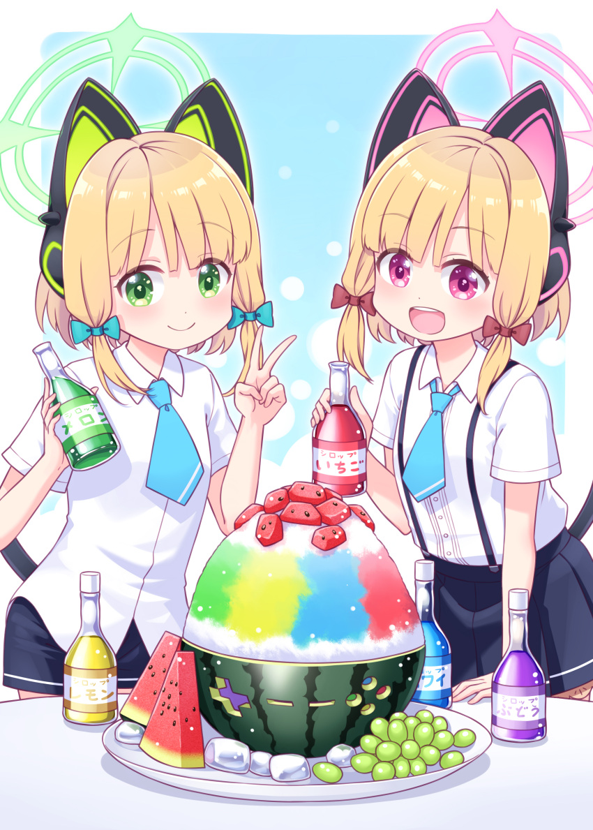 2girls :d absurdres animal_ear_headphones animal_ears black_shorts black_skirt blonde_hair blue_archive blue_bow blue_necktie bottle bow closed_mouth collared_shirt commentary_request dress_shirt fake_animal_ears fruit_cup green_eyes hair_bow halo hand_up hands_up harada_(sansei_rain) highres holding holding_bottle midori_(blue_archive) momoi_(blue_archive) multiple_girls necktie pleated_skirt red_bow shaved_ice shirt short_necktie short_shorts short_sleeves shorts siblings sidelocks sisters skirt smile suspender_skirt suspenders tail twins v violet_eyes watermelon_slice white_shirt