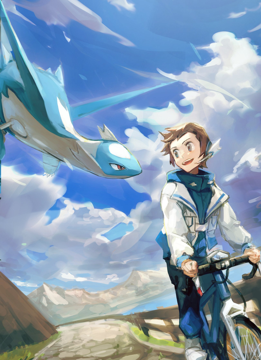 1boy bicycle brendan_(pokemon) brown_hair clouds day grey_eyes ground_vehicle highres jacket latios looking_to_the_side male_focus maumaujanken official_alternate_costume open_mouth outdoors pants pokemon pokemon_(creature) pokemon_(game) pokemon_masters_ex riding riding_bicycle shoes short_hair sky smile teeth tongue upper_teeth white_footwear white_jacket