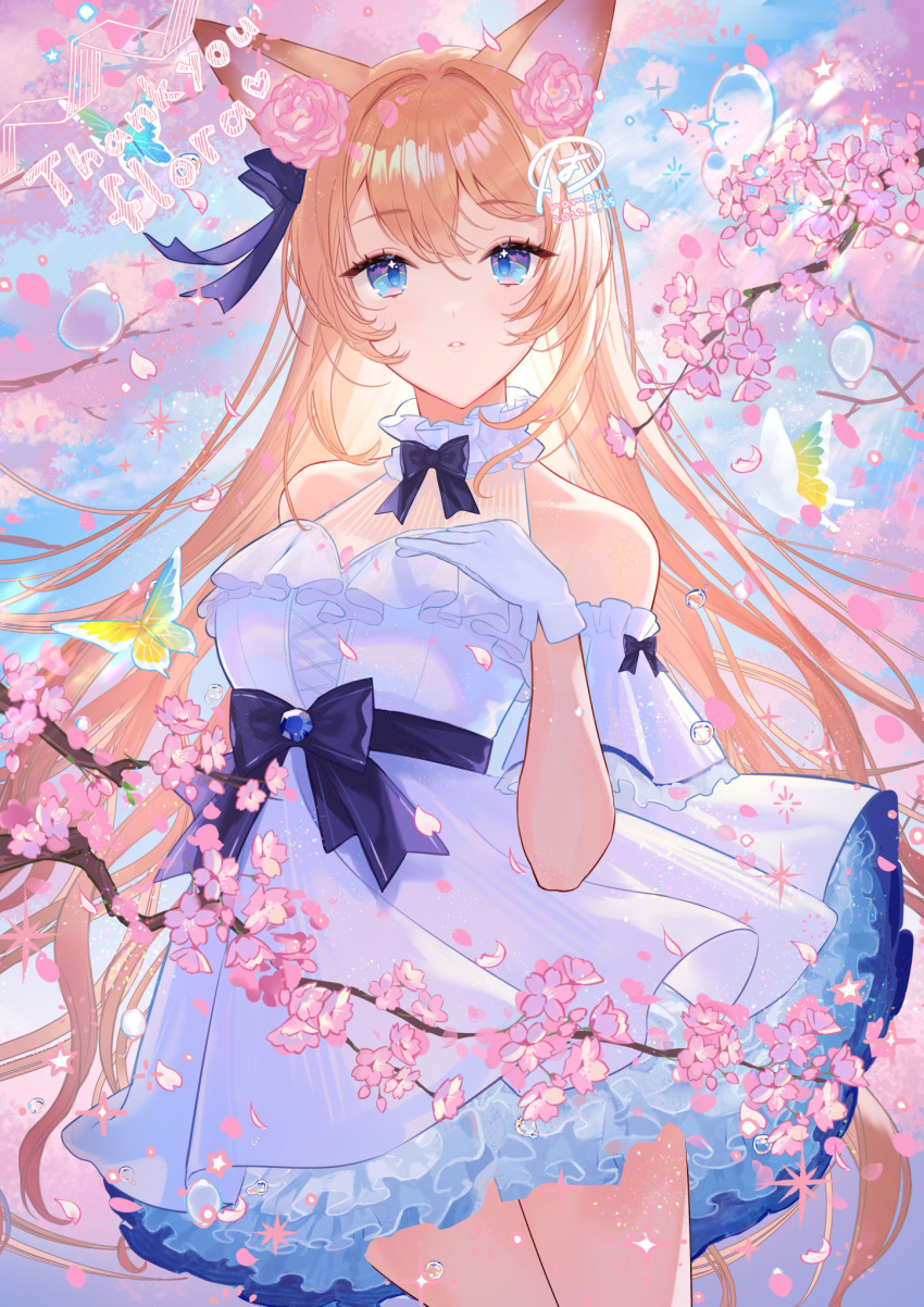 1girl bare_arms blonde_hair blue_eyes bow bug butterfly cherry_blossoms choker commission cowboy_shot detached_sleeves dress falling_petals fox_girl frilled_choker frills gloves hamaru_log hand_on_own_chest highres layered_dress long_hair looking_at_viewer multicolored_butterfly multicolored_eyes original parted_lips petals purple_bow purple_ribbon ribbon skeb_commission sleeveless solo waist_bow white_butterfly white_gloves