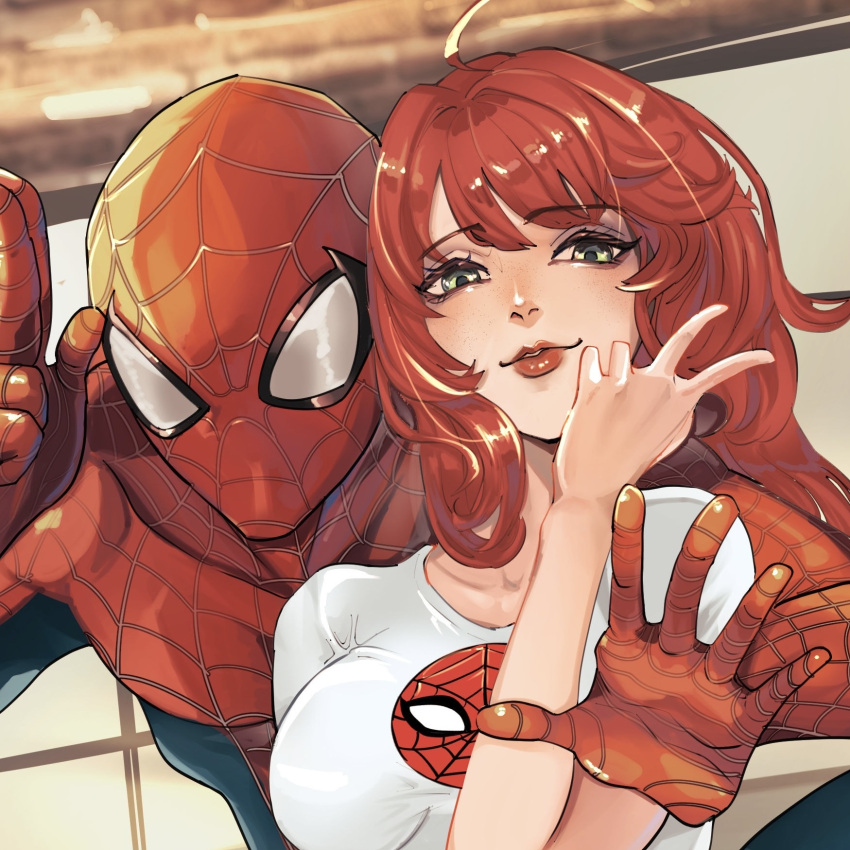 1boy 1girl couple green_eyes happy hetero highres kemurigi_ill long_hair marvel mary_jane_watson mask open_hand peter_parker red_hair red_lips shirt smile spider-man spider-man_(series) v white_shirt