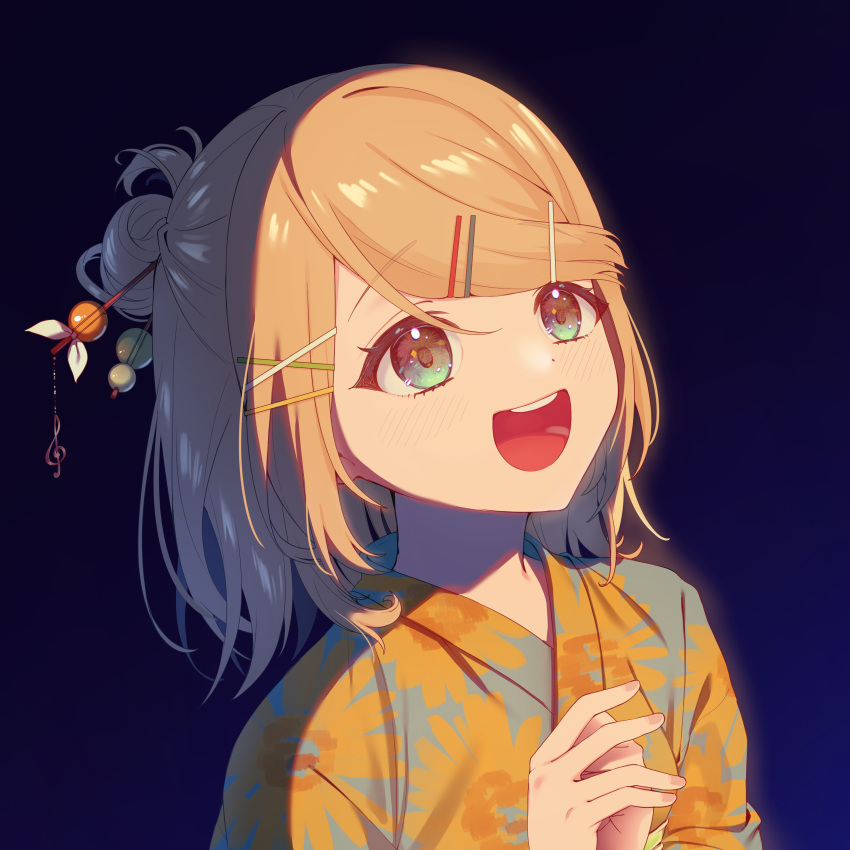 1girl :d absurdres bangs blonde_hair blue_kimono blush eyelashes floral_print green_eyes hair_bun hair_ornament hairclip hairpin hands_up happy highres inu8neko japanese_clothes kagamine_rin kimono medium_hair night night_sky open_mouth print_kimono sidelocks sky smile solo swept_bangs tareme teeth tongue upper_body vocaloid