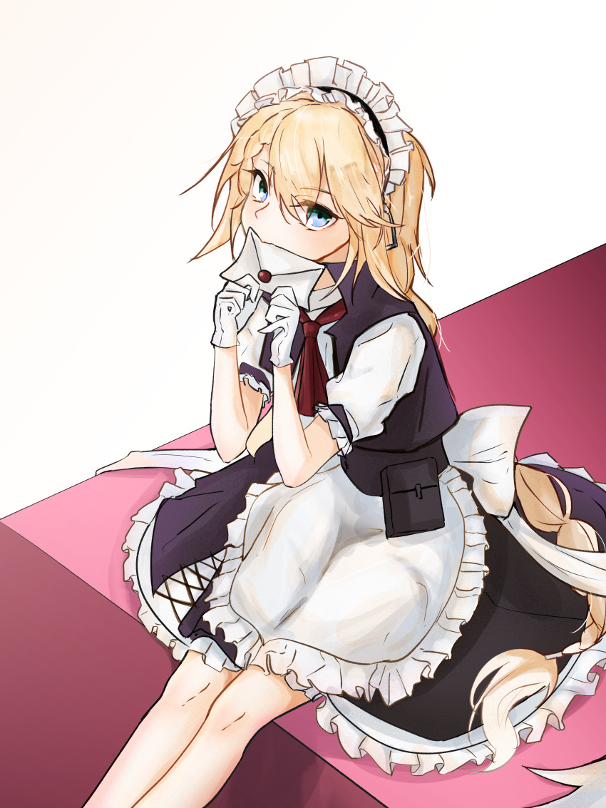 1girl absurdres apron ascot bangs black_skirt black_vest blonde_hair blue_eyes commentary_request feet_out_of_frame frilled_apron frills g36_(girls'_frontline) girls_frontline gloves hair_between_eyes hands_up highres holding holding_letter iantern letter long_braid long_hair looking_at_viewer maid maid_headdress petticoat pouch puffy_short_sleeves puffy_sleeves red_ascot shirt short_sleeves simple_background sitting skirt skirt_set solo very_long_hair vest waist_apron white_apron white_background white_gloves white_shirt